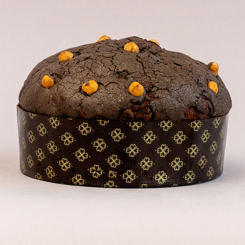 Dark panettone with caramel and hazelnut glaze