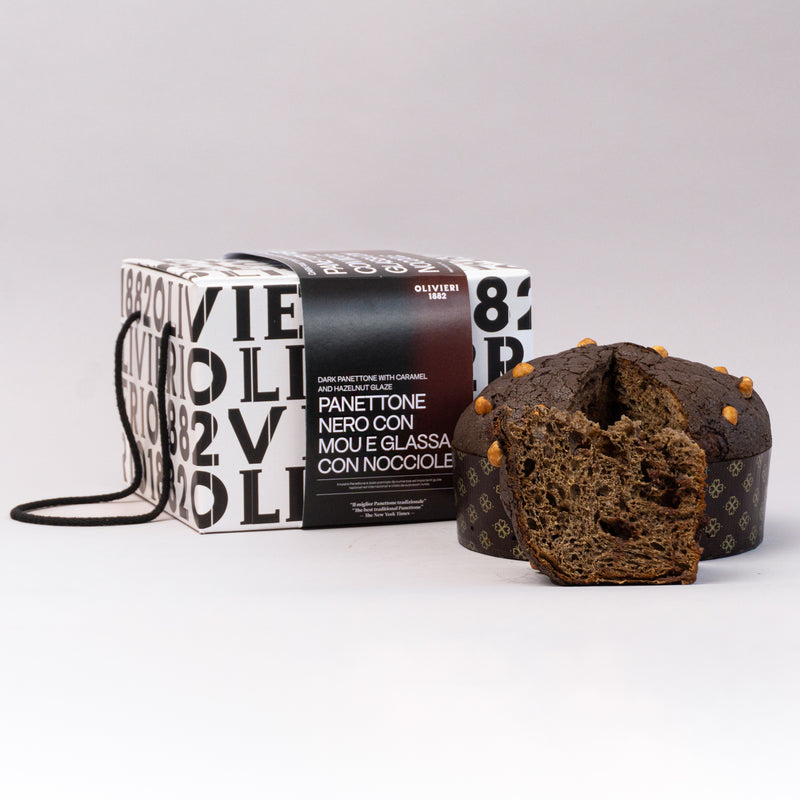 Dark panettone with caramel and hazelnut glaze