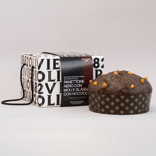 Dark panettone with caramel and hazelnut glaze